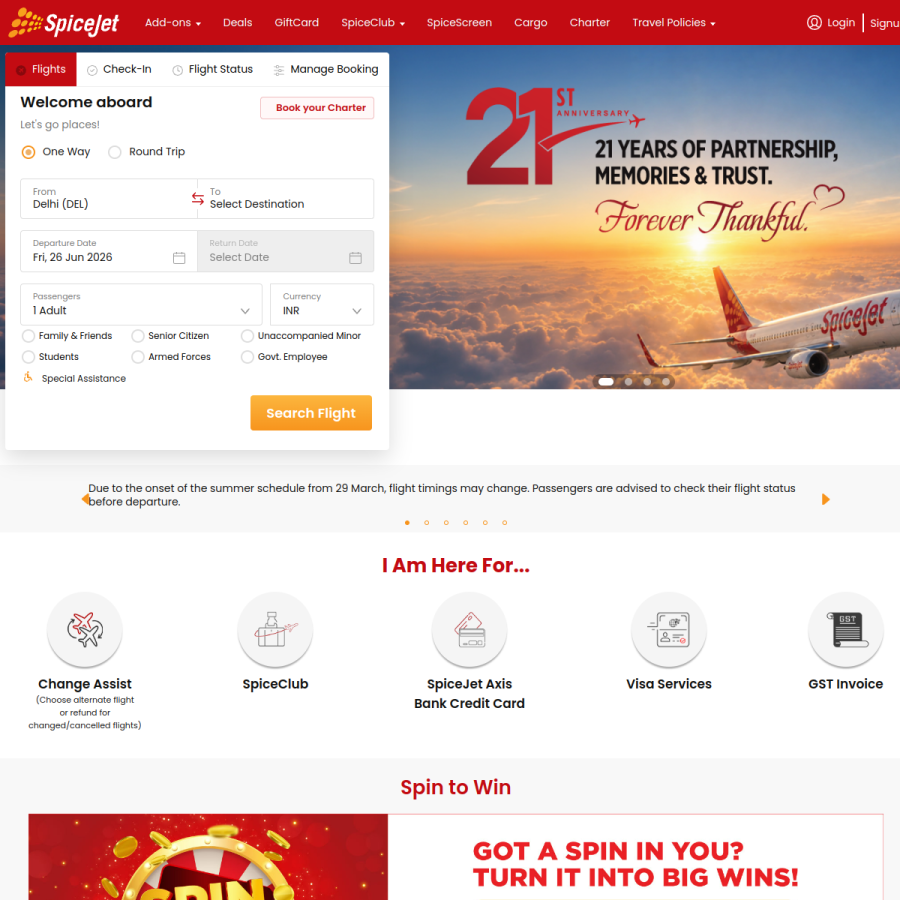 spicejet.com homepage screenshot