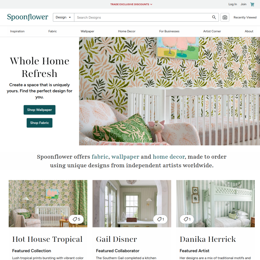 spoonflower.com homepage screenshot