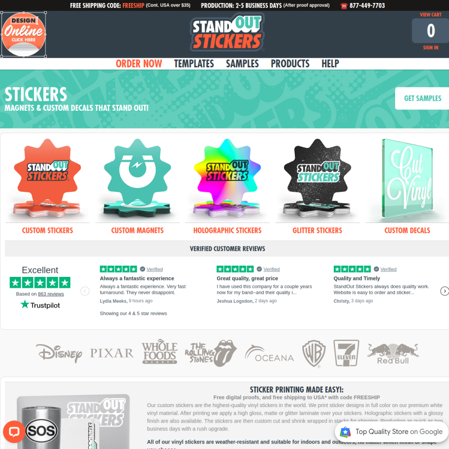 standoutstickers.com homepage screenshot