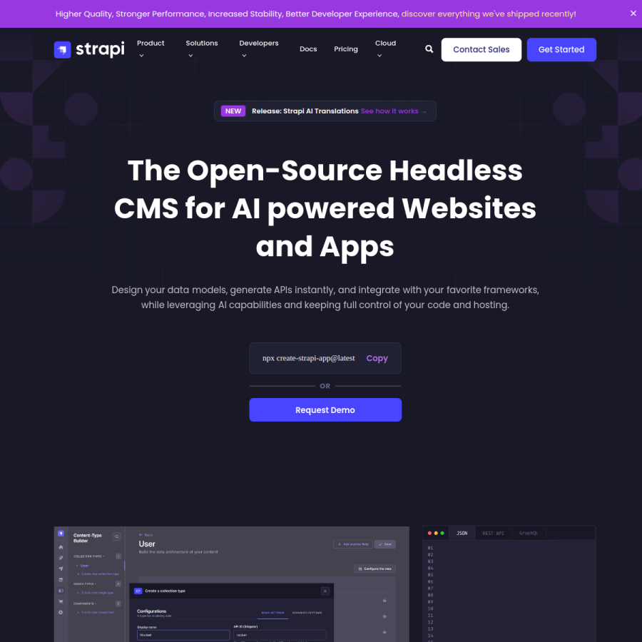 strapi.io homepage screenshot