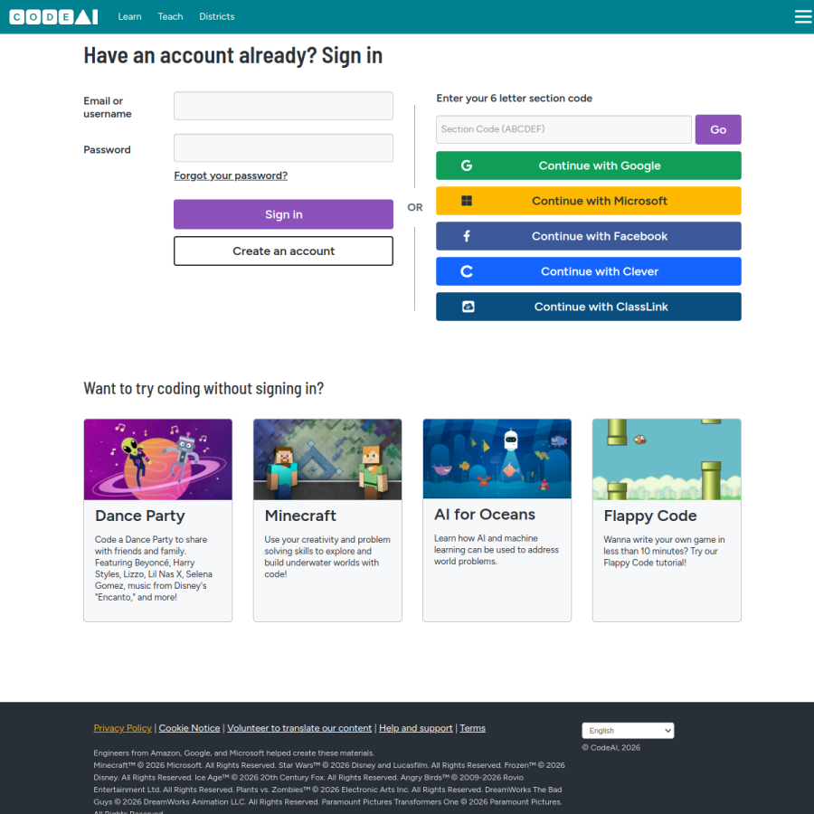 studio.code.org homepage screenshot