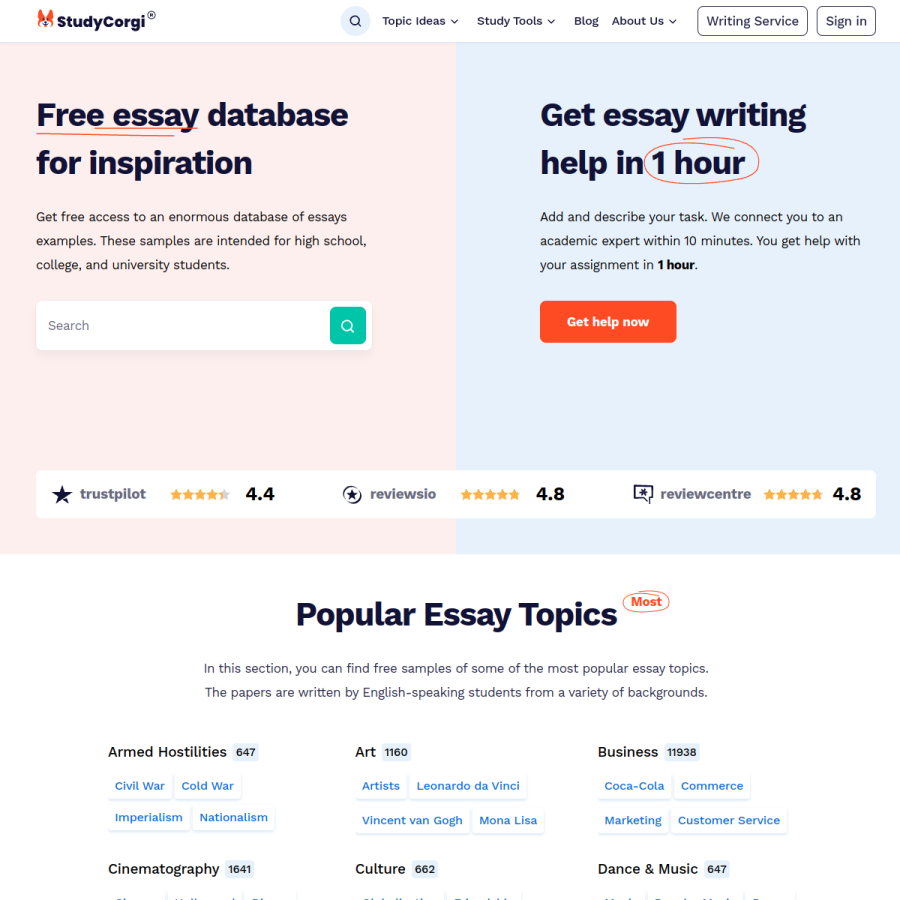 studycorgi.com homepage screenshot