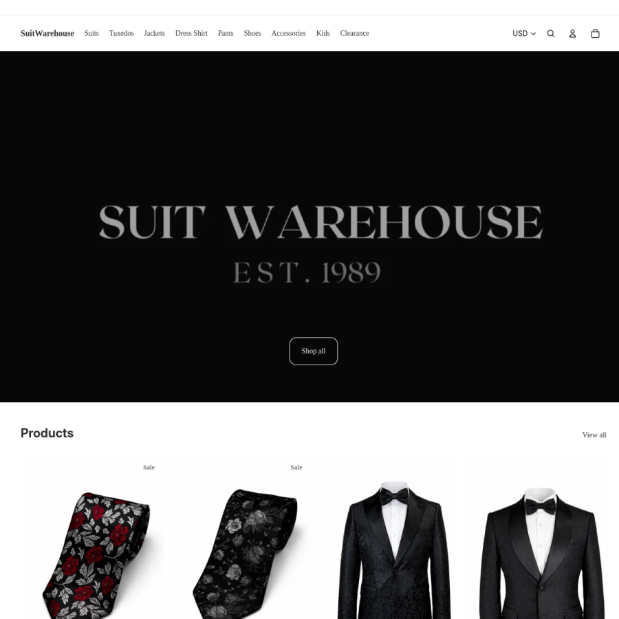 suitwarehouse.com homepage screenshot