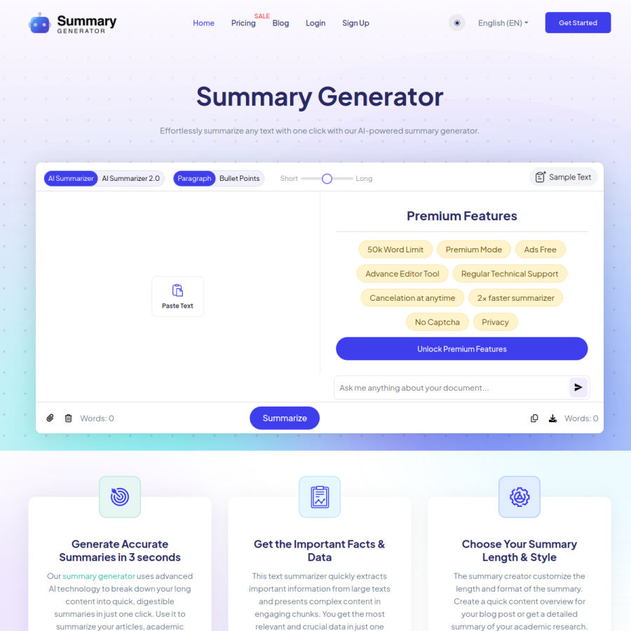 summarygenerator.io homepage screenshot