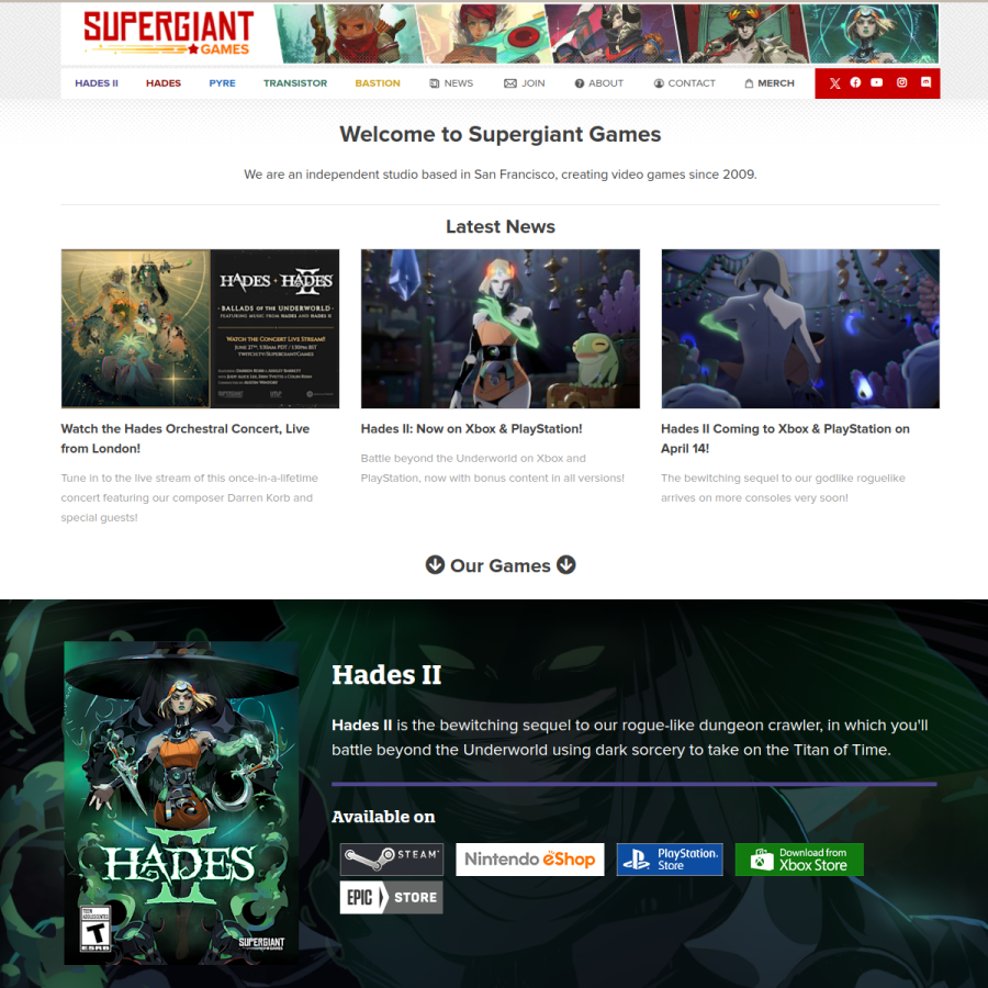 supergiantgames.com homepage screenshot