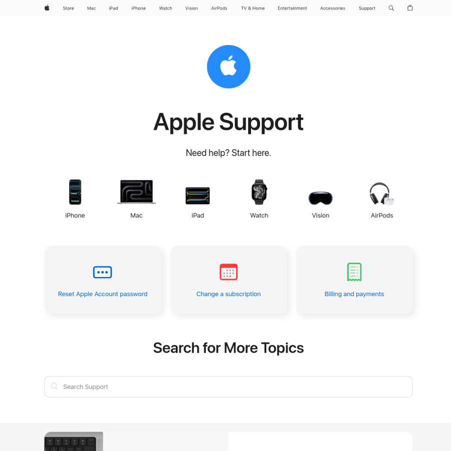 support.apple.com homepage screenshot