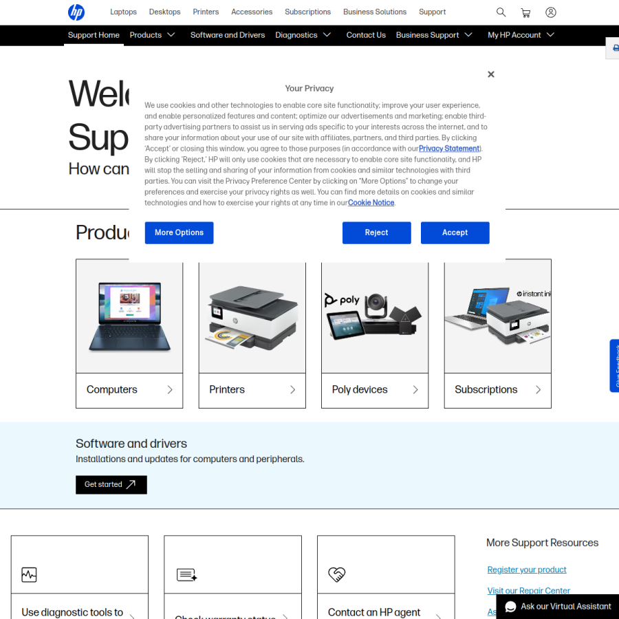 support.hp.com homepage screenshot