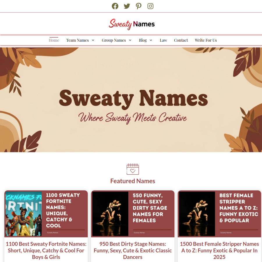 sweatynames.com homepage screenshot