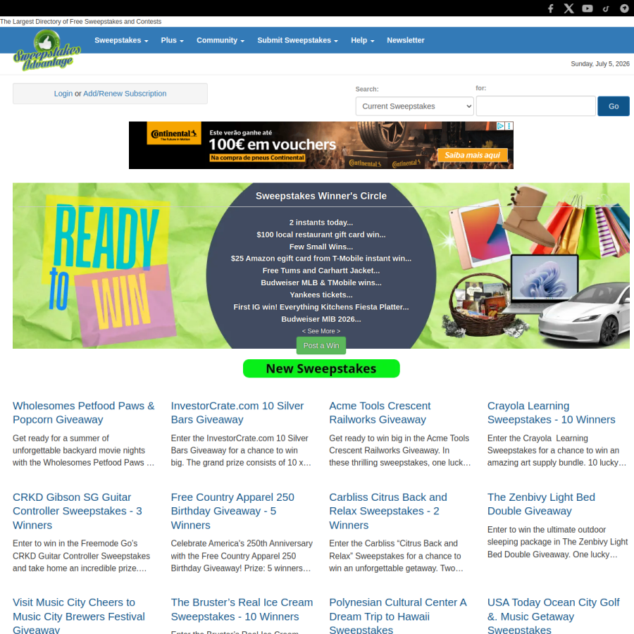 sweepsadvantage.com homepage screenshot