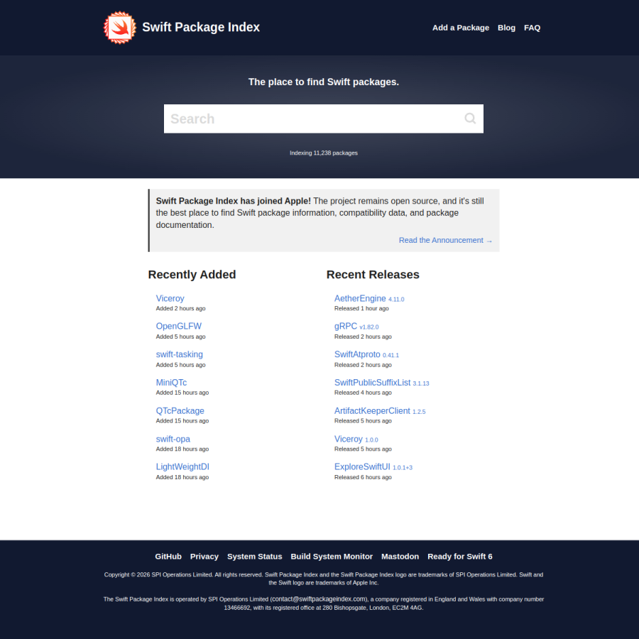 swiftpackageindex.com homepage screenshot