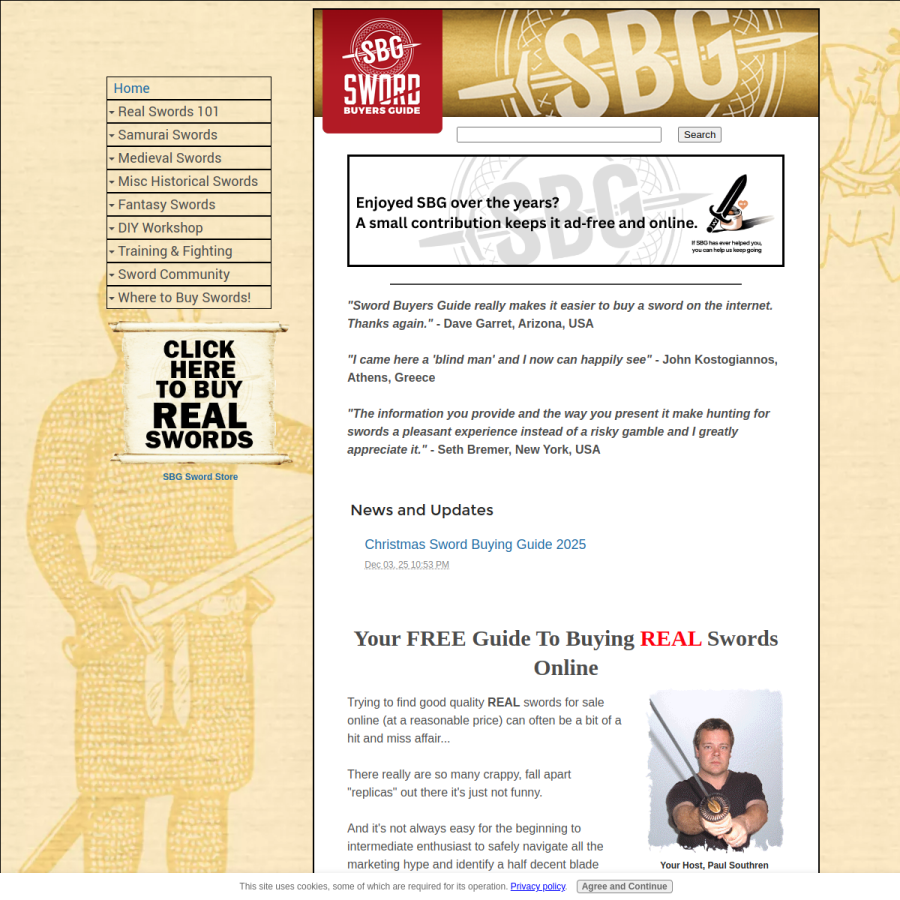 sword-buyers-guide.com homepage screenshot