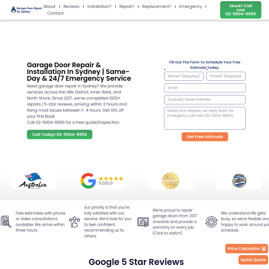 sydneygaragedoorrepair.com.au homepage screenshot