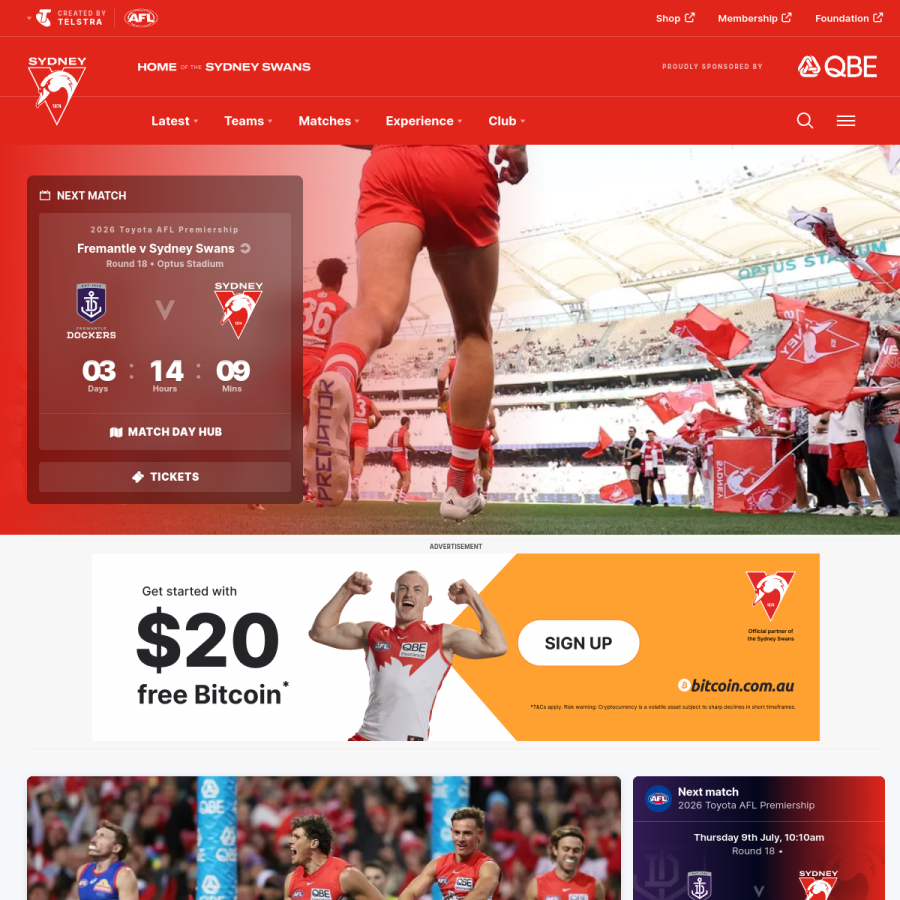 sydneyswans.com.au homepage screenshot