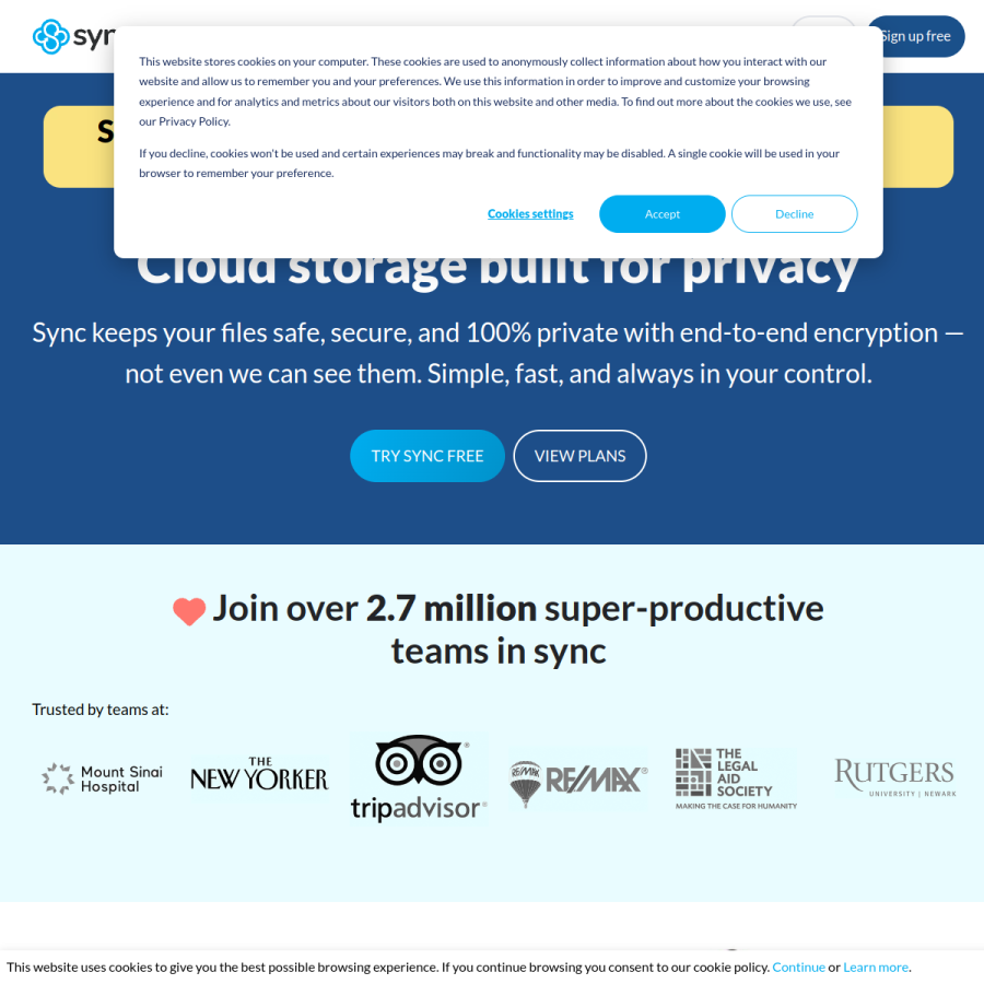sync.com homepage screenshot