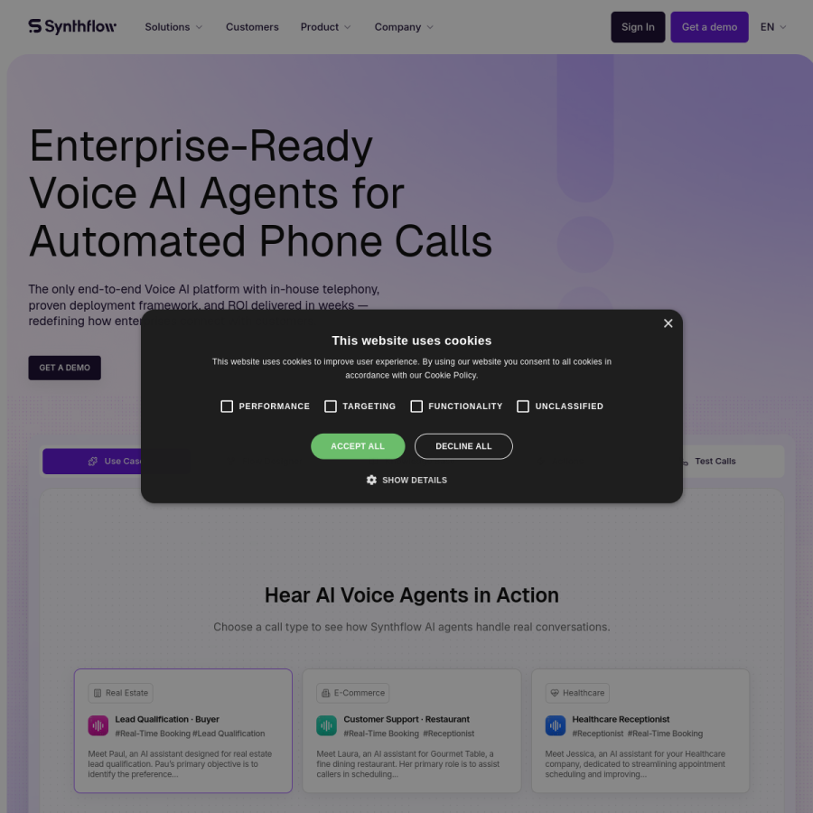 synthflow.ai homepage screenshot