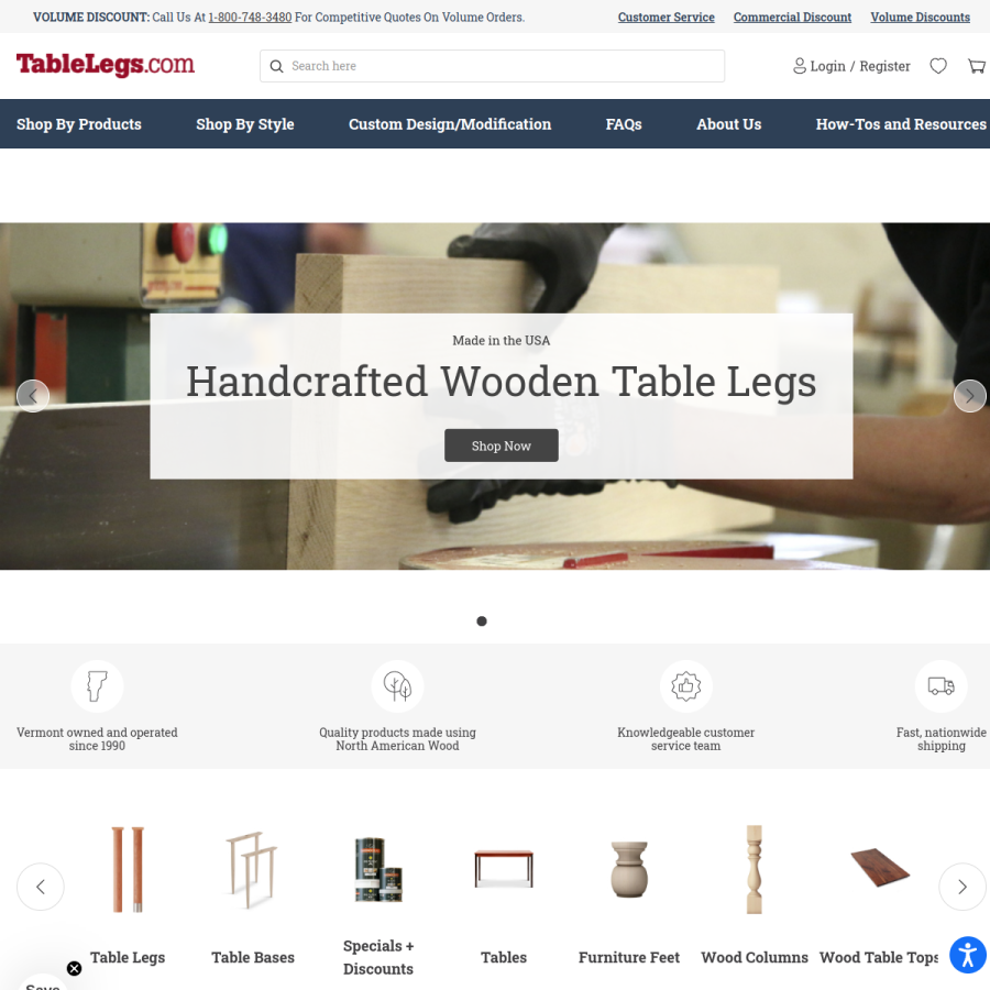 tablelegs.com homepage screenshot
