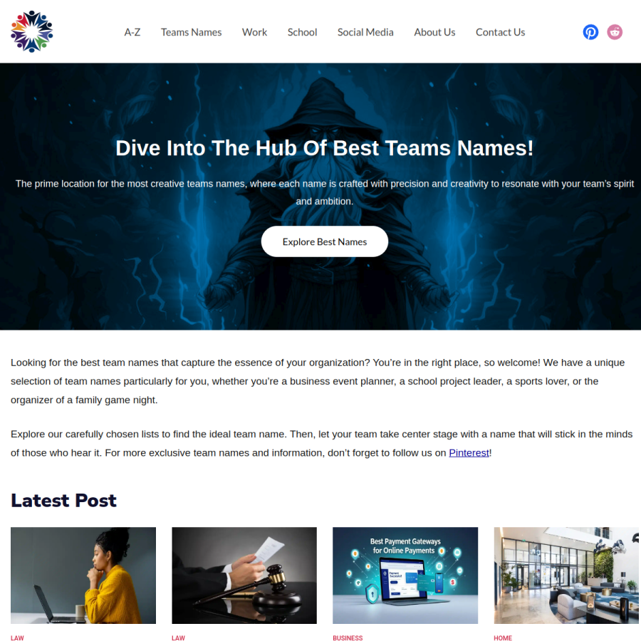 teamsnames.com homepage screenshot