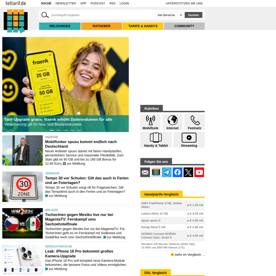 teltarif.de homepage screenshot