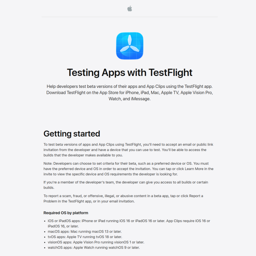 testflight.apple.com homepage screenshot