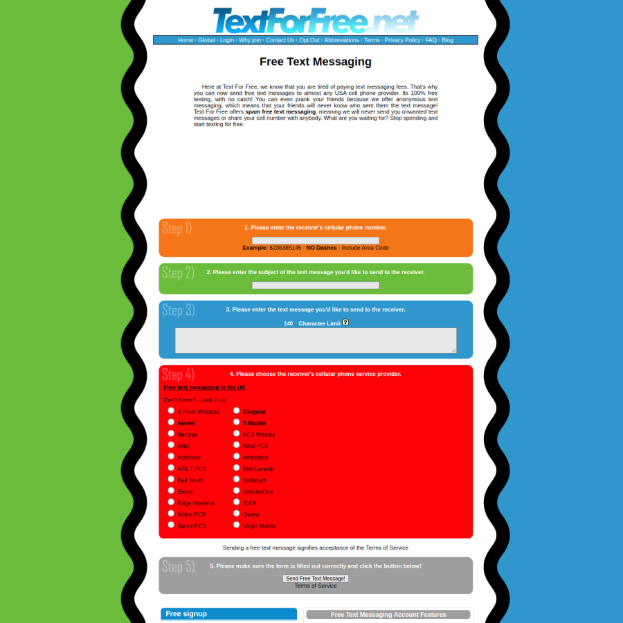 textforfree.net homepage screenshot