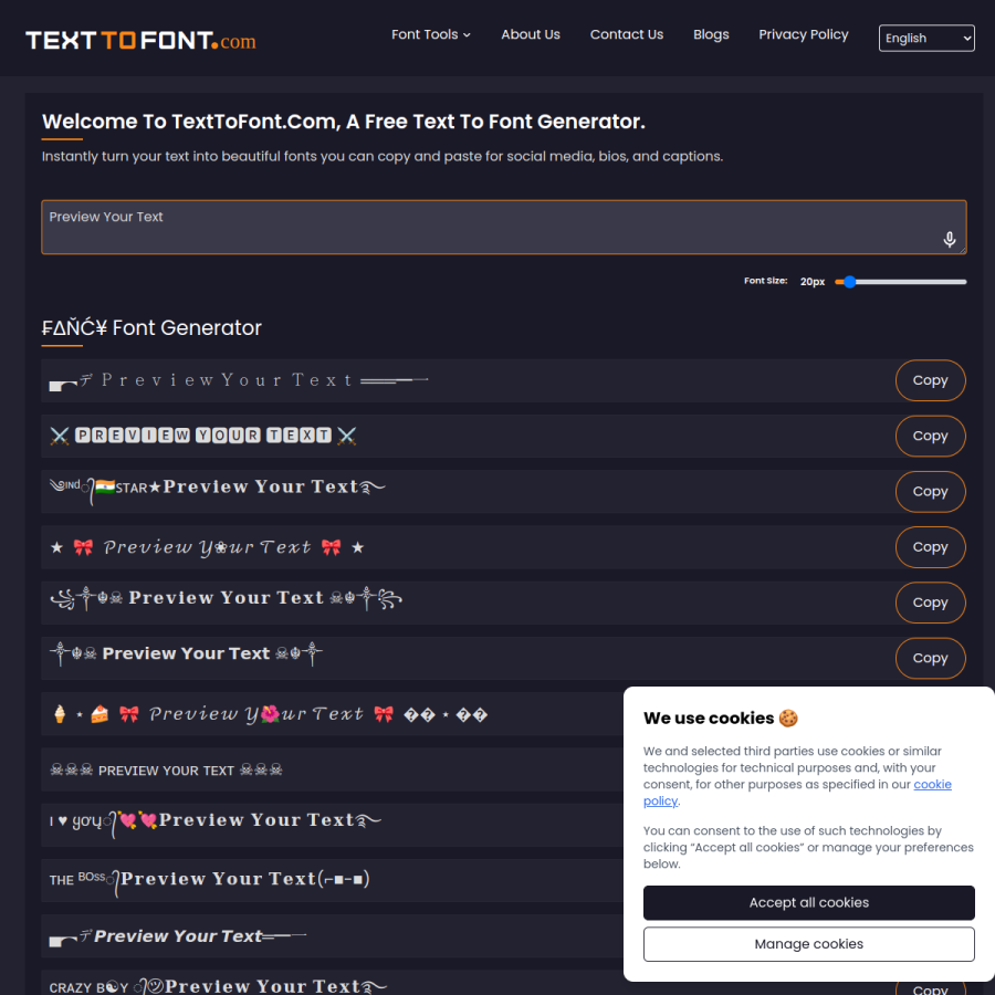 texttofont.com homepage screenshot