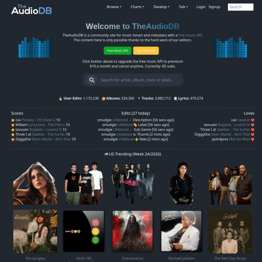 theaudiodb.com homepage screenshot