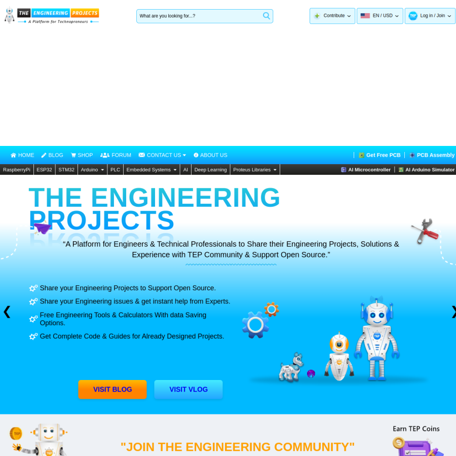 theengineeringprojects.com homepage screenshot
