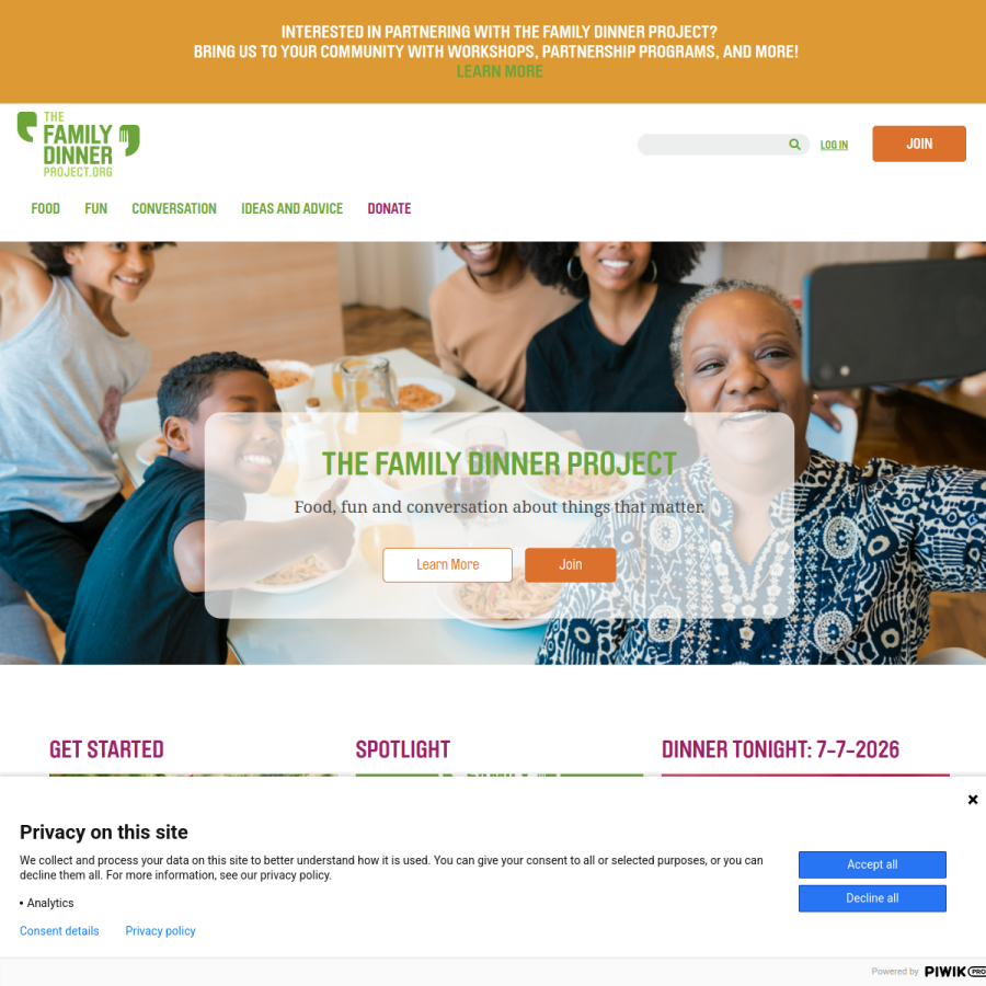 thefamilydinnerproject.org homepage screenshot