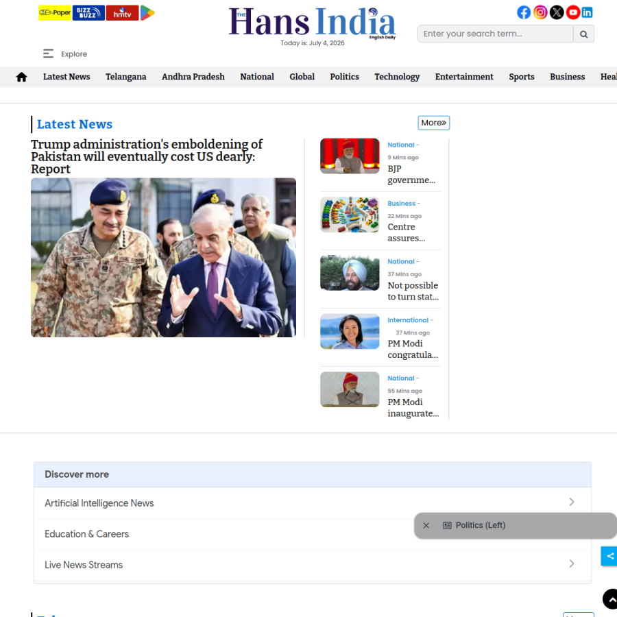 thehansindia.com homepage screenshot