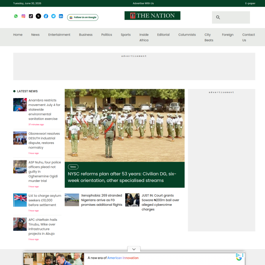 thenationonlineng.net homepage screenshot