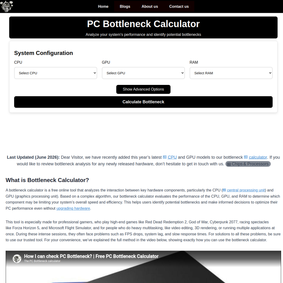 thepcbottleneckcalculator.com homepage screenshot