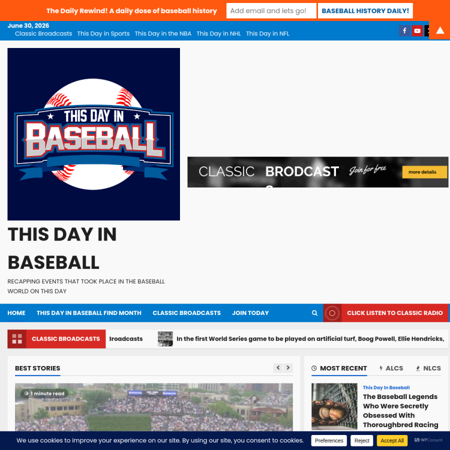 thisdayinbaseball.com homepage screenshot
