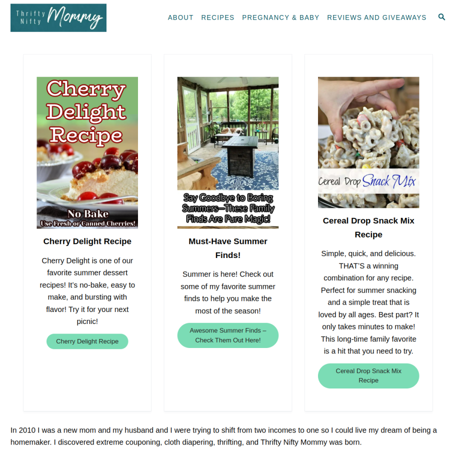 thriftyniftymommy.com homepage screenshot