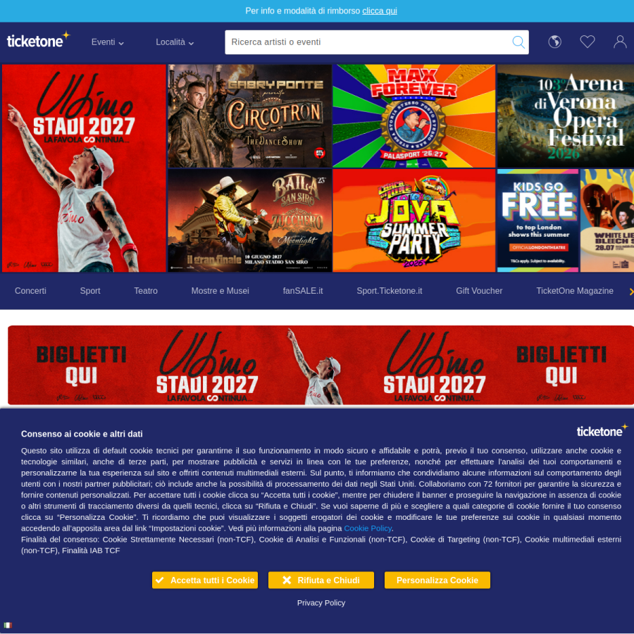 ticketone.it homepage screenshot