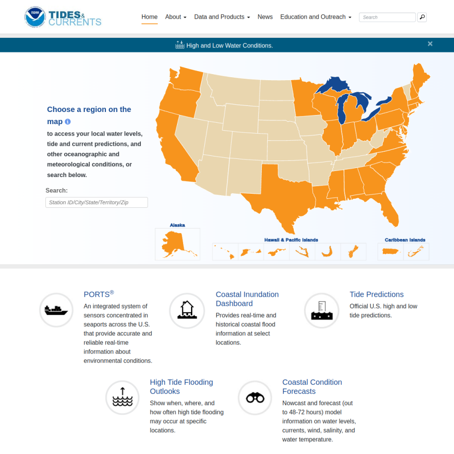 tidesandcurrents.noaa.gov homepage screenshot