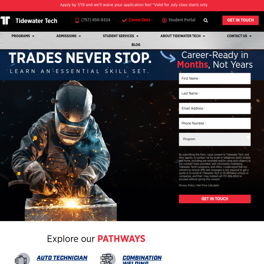 tidewatertechtrades.edu homepage screenshot
