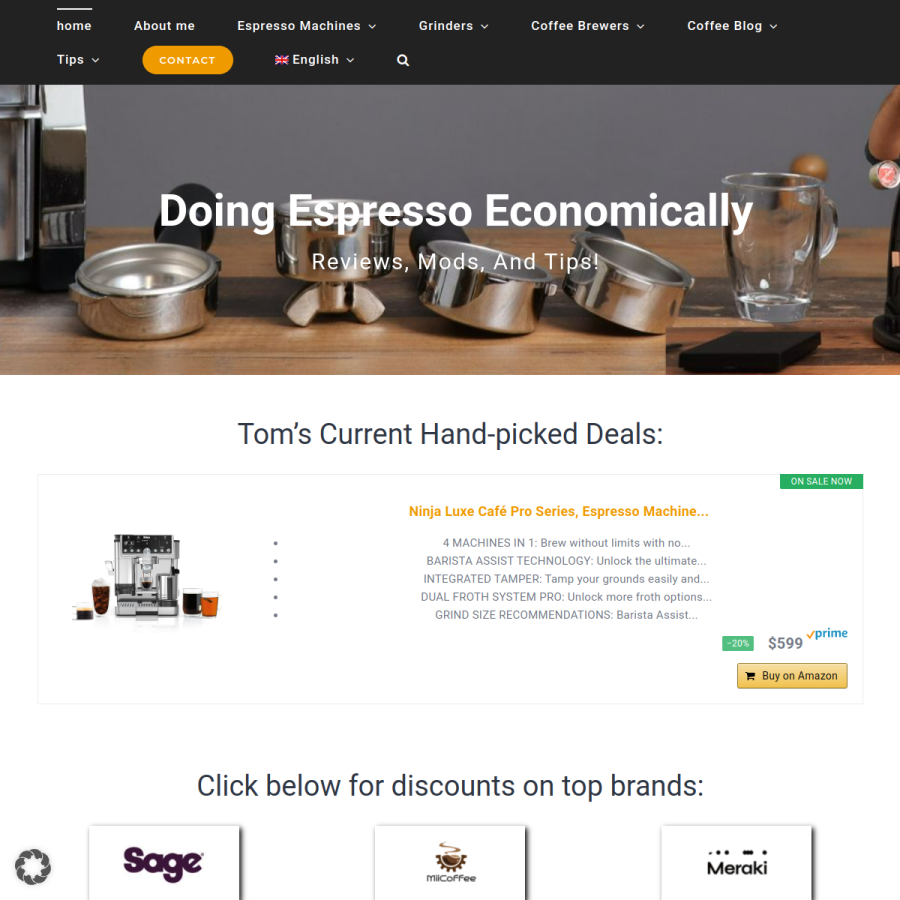 tomscoffeecorner.com homepage screenshot