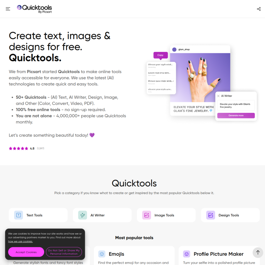 tools.picsart.com homepage screenshot