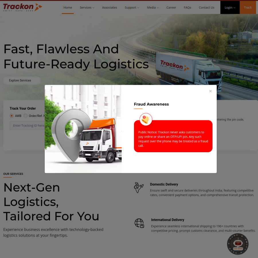 trackon.in homepage screenshot