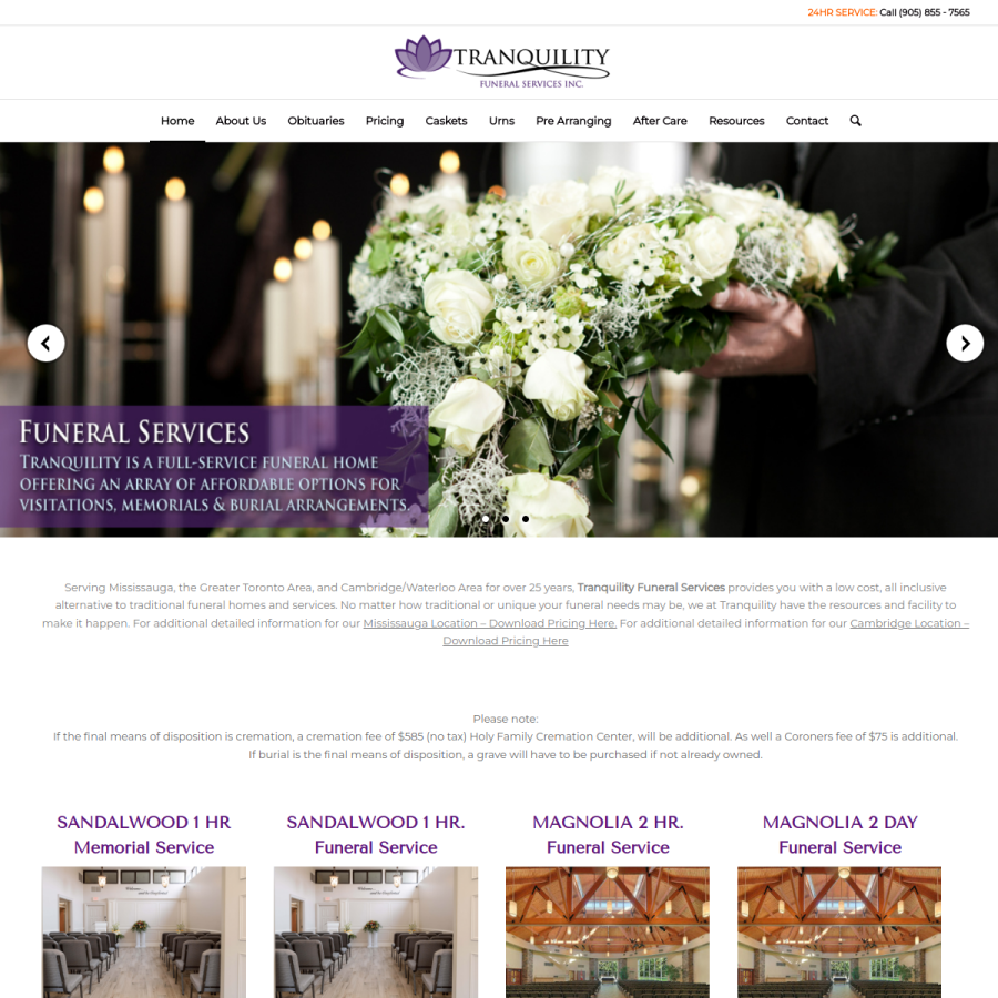 tranquilityfuneralservice.com homepage screenshot