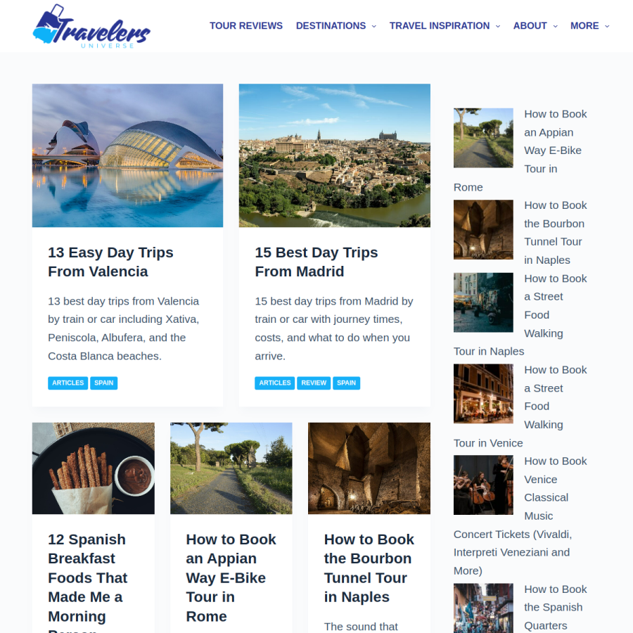 travelersuniverse.com homepage screenshot