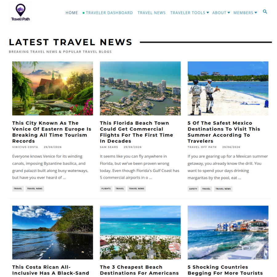 traveloffpath.com homepage screenshot
