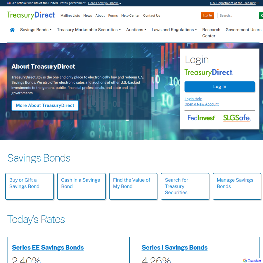 treasurydirect.gov homepage screenshot