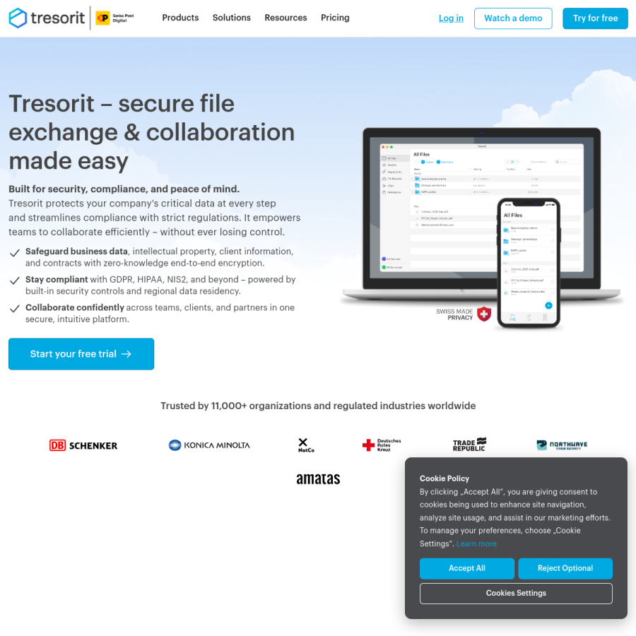 tresorit.com homepage screenshot