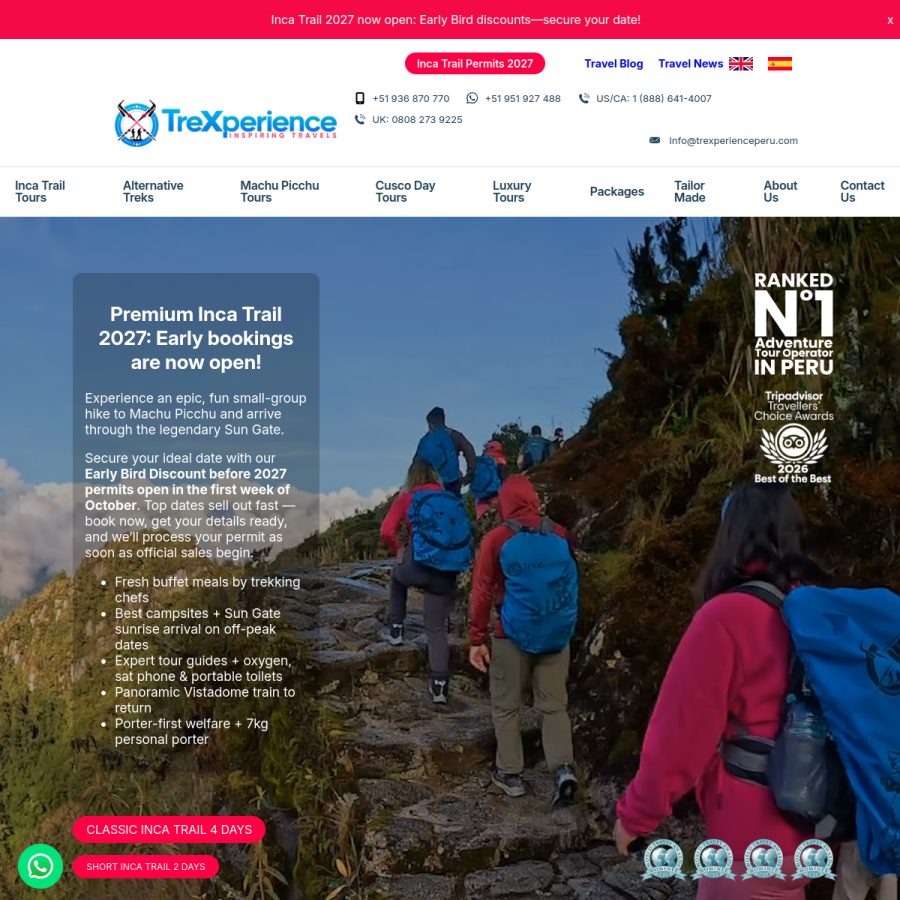 trexperienceperu.com homepage screenshot