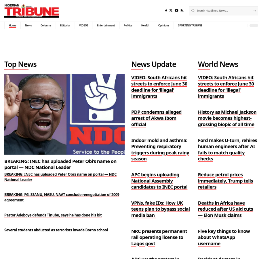 tribuneonlineng.com homepage screenshot