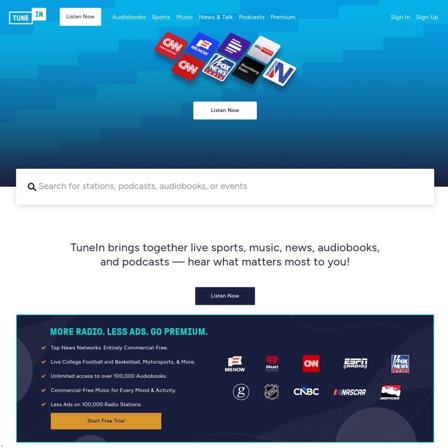 tunein.com homepage screenshot