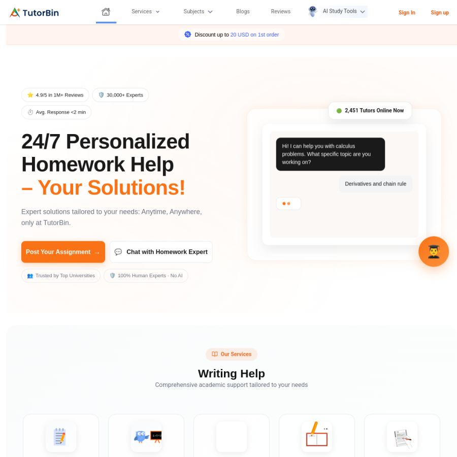 tutorbin.com homepage screenshot