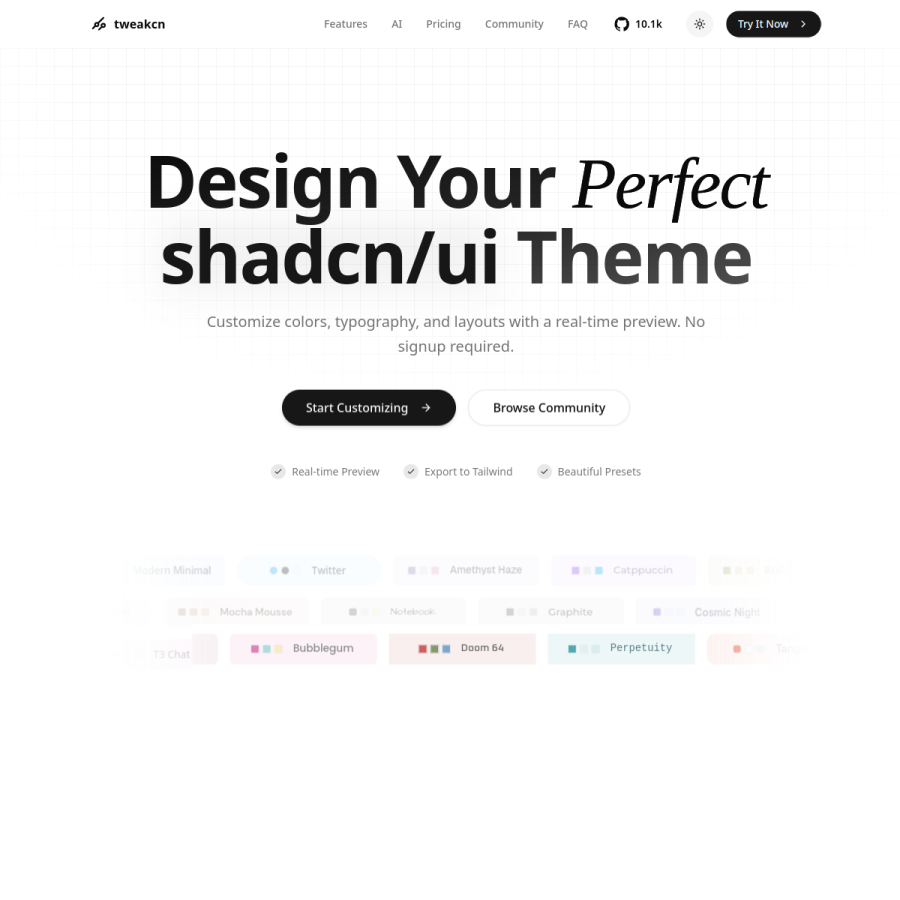 tweakcn.com homepage screenshot