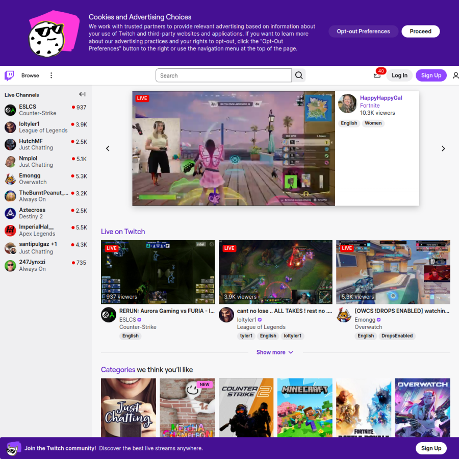 twitch.tv homepage screenshot